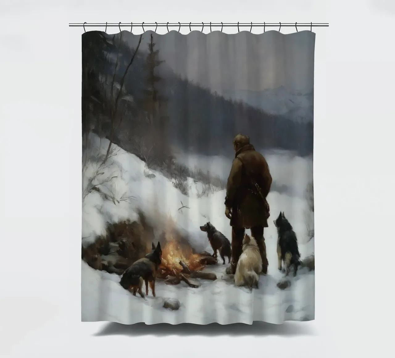 Cacciatore d'inverno al fuoco - Cacciatore con cani Stampa d'arte tenda da doccia da Cozy Vibes