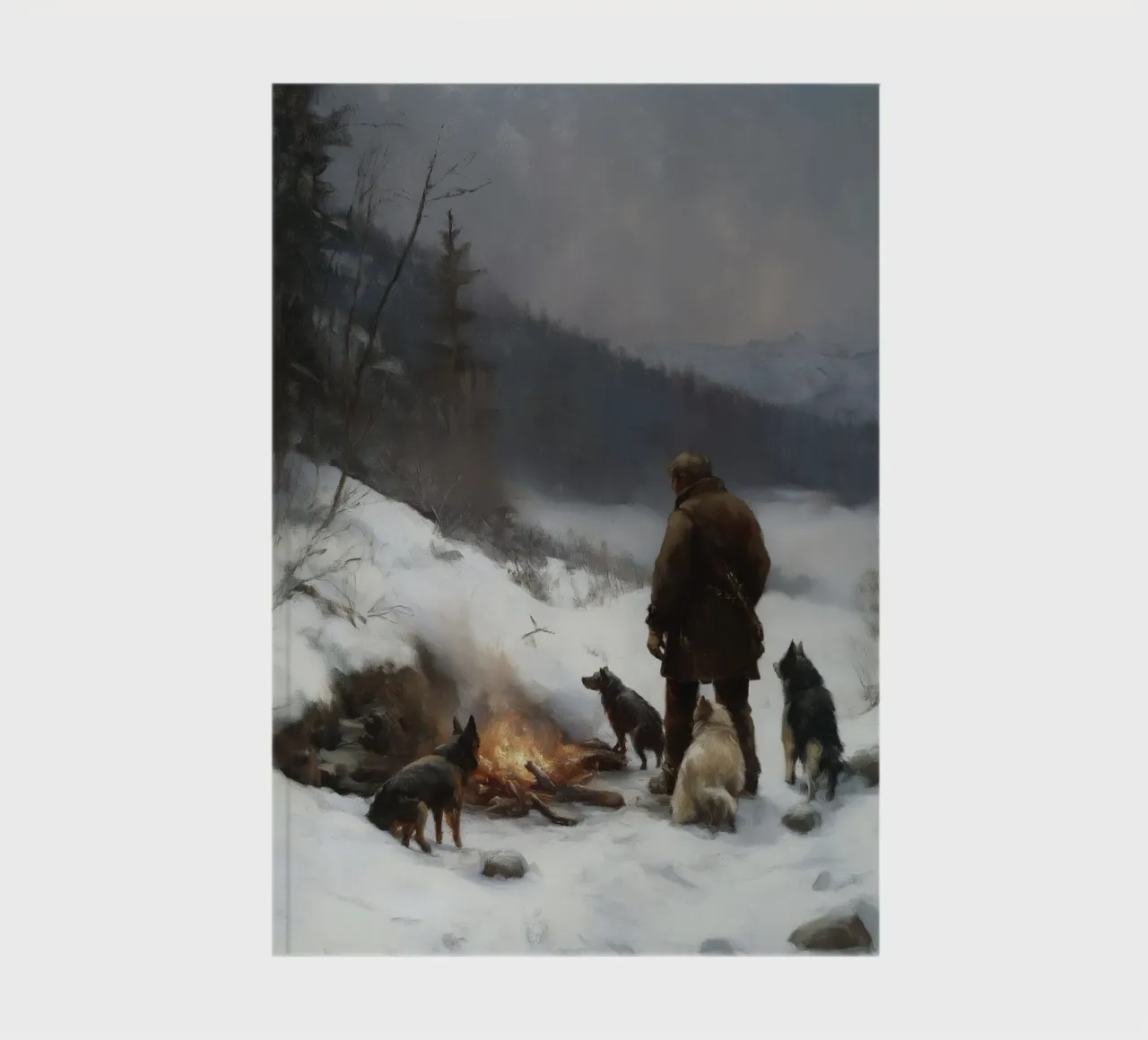 Cacciatore d'inverno al fuoco - Cacciatore con cani Stampa d'arte diario da Cozy Vibes