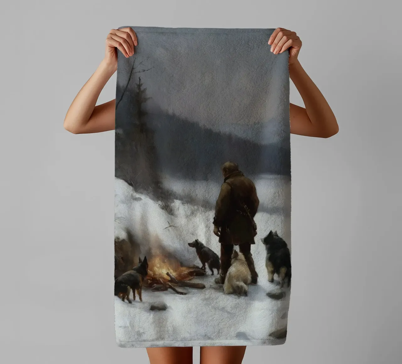 Cacciatore d'inverno al fuoco - Cacciatore con cani Stampa d'arte asciugamano da bagno da Cozy Vibes