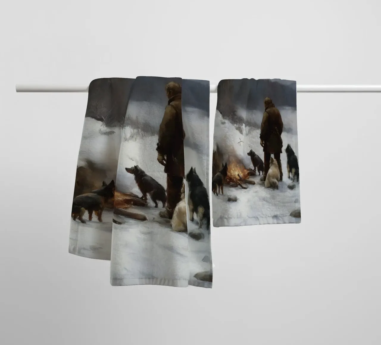 Cacciatore d'inverno al fuoco - Cacciatore con cani Stampa d'arte asciugamano da bagno da Cozy Vibes