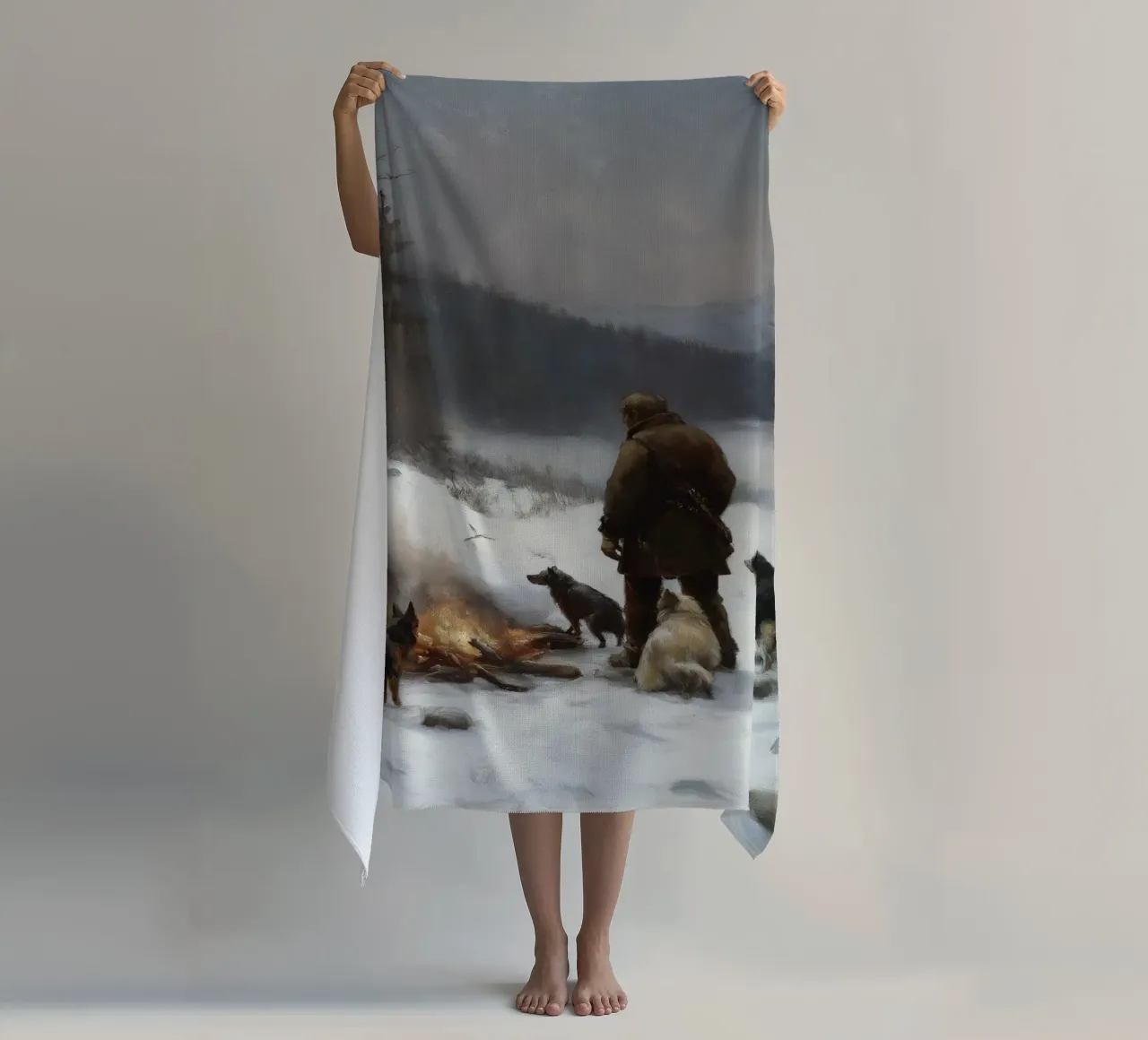 Cacciatore d'inverno al fuoco - Cacciatore con cani Stampa d'arte telo mare da Cozy Vibes