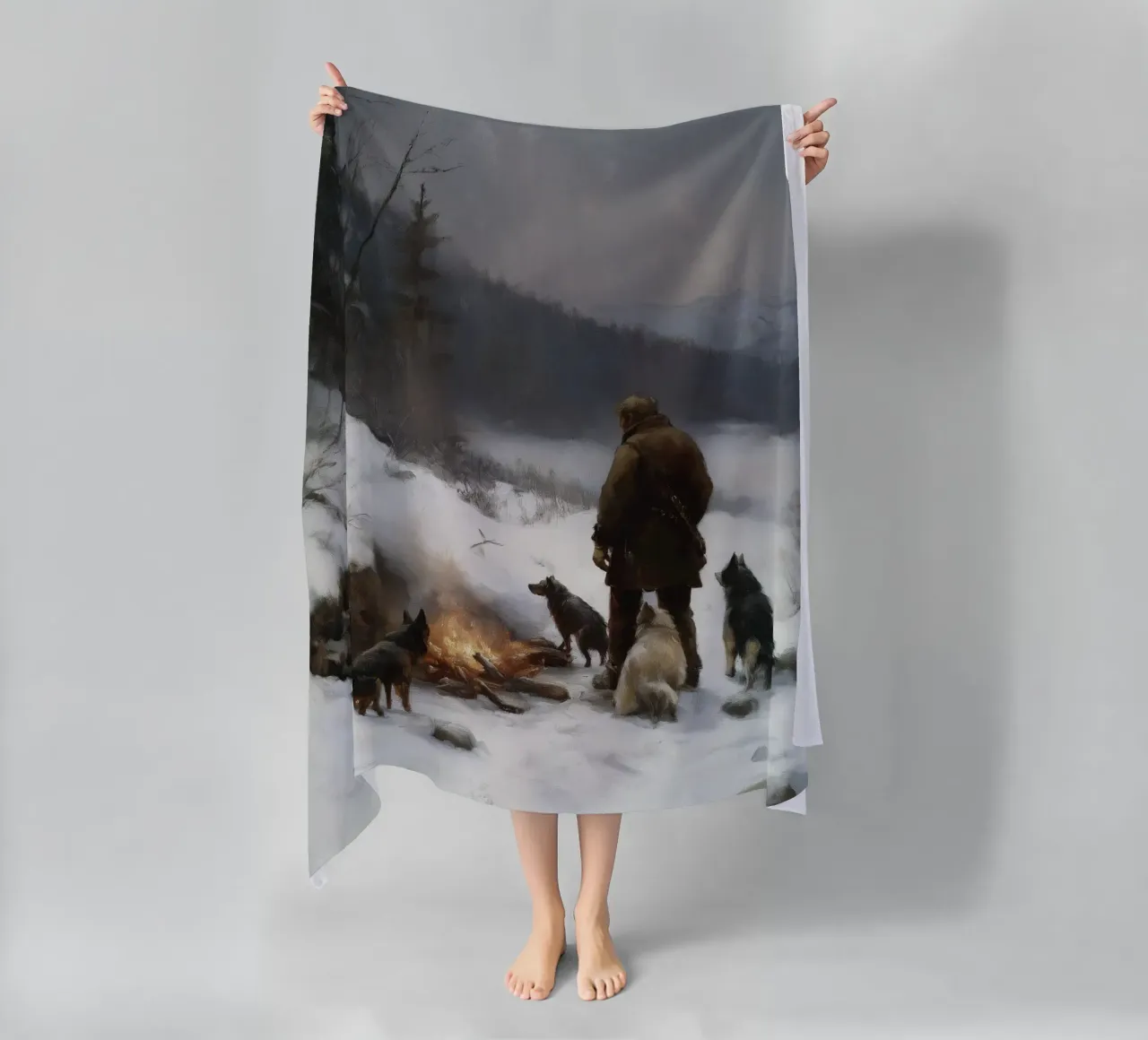 Cacciatore d'inverno al fuoco - Cacciatore con cani Stampa d'arte telo mare da Cozy Vibes