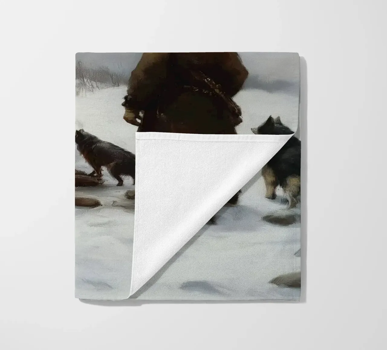 Cacciatore d'inverno al fuoco - Cacciatore con cani Stampa d'arte telo mare da Cozy Vibes