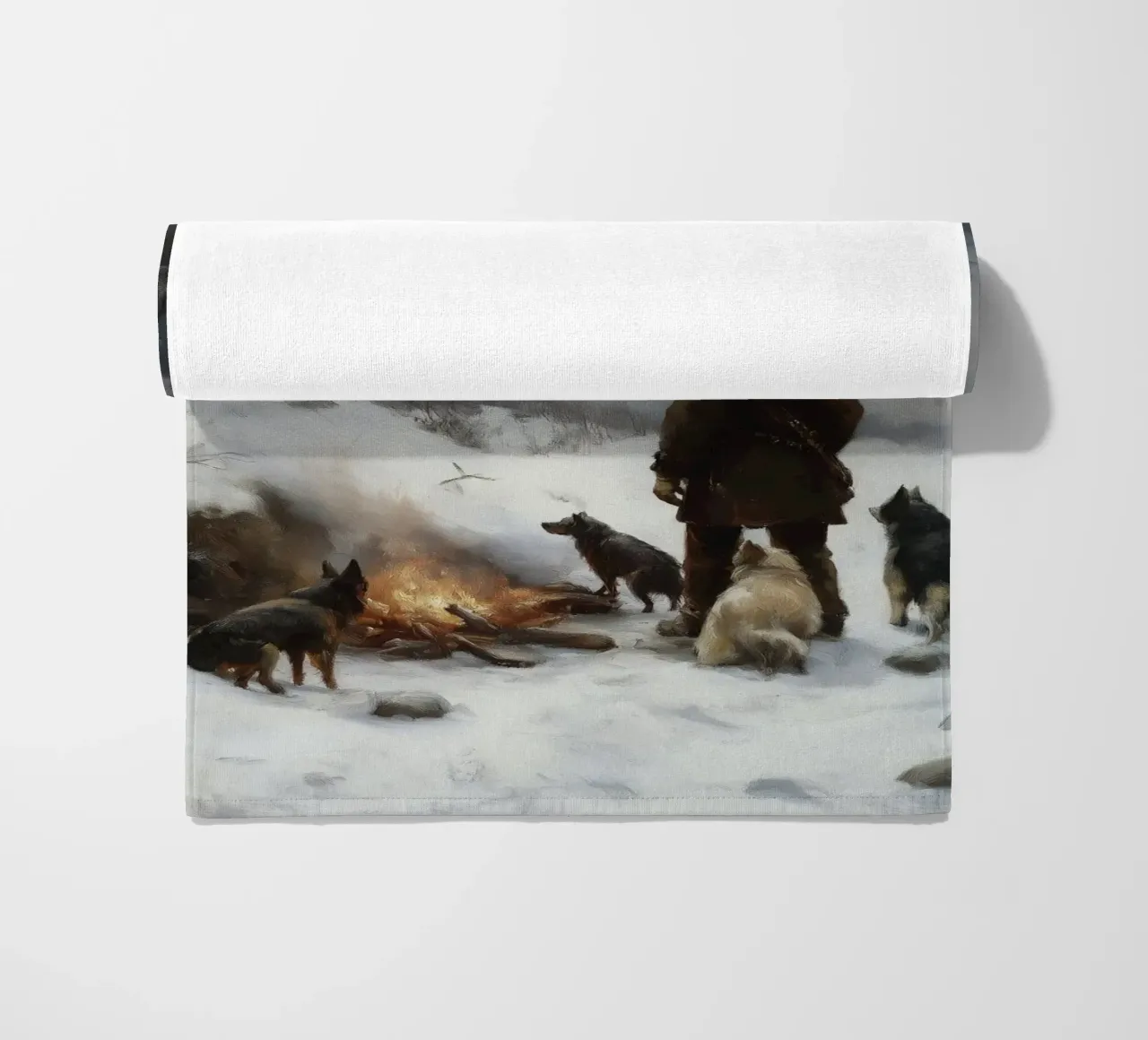Cacciatore d'inverno al fuoco - Cacciatore con cani Stampa d'arte telo mare da Cozy Vibes