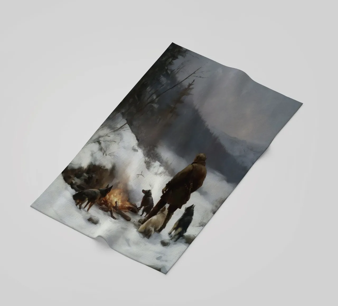 Cacciatore d'inverno al fuoco - Cacciatore con cani Stampa d'arte telo mare da Cozy Vibes