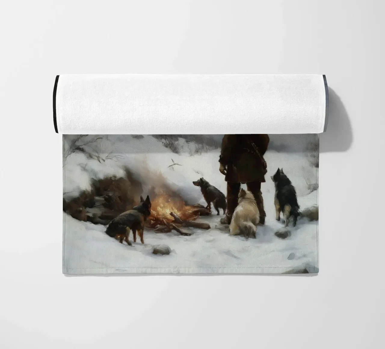 Cacciatore d'inverno al fuoco - Cacciatore con cani Stampa d'arte telo mare da Cozy Vibes