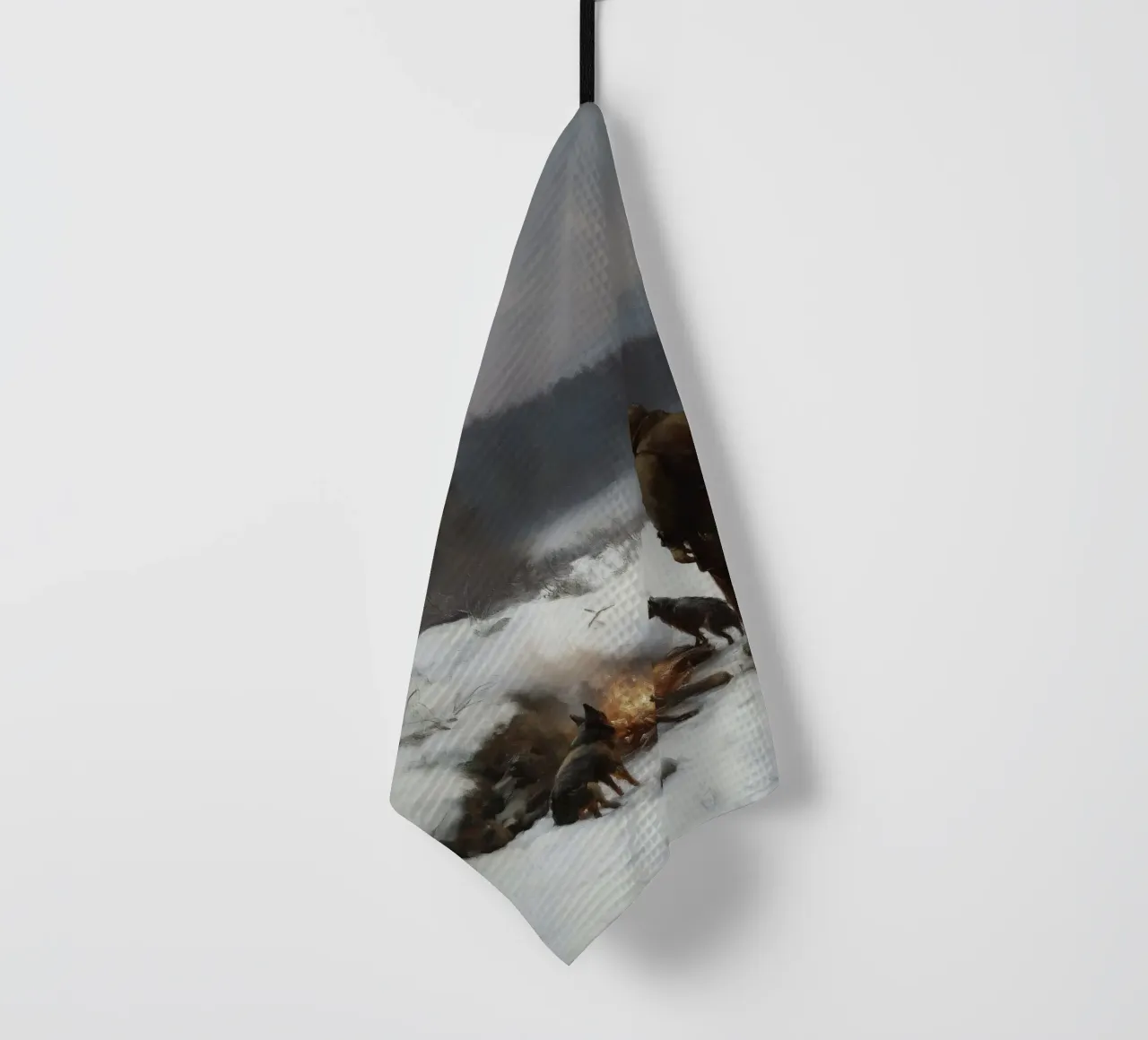 Cacciatore d'inverno al fuoco - Cacciatore con cani Stampa d'arte canovaccio da cucina da Cozy Vibes