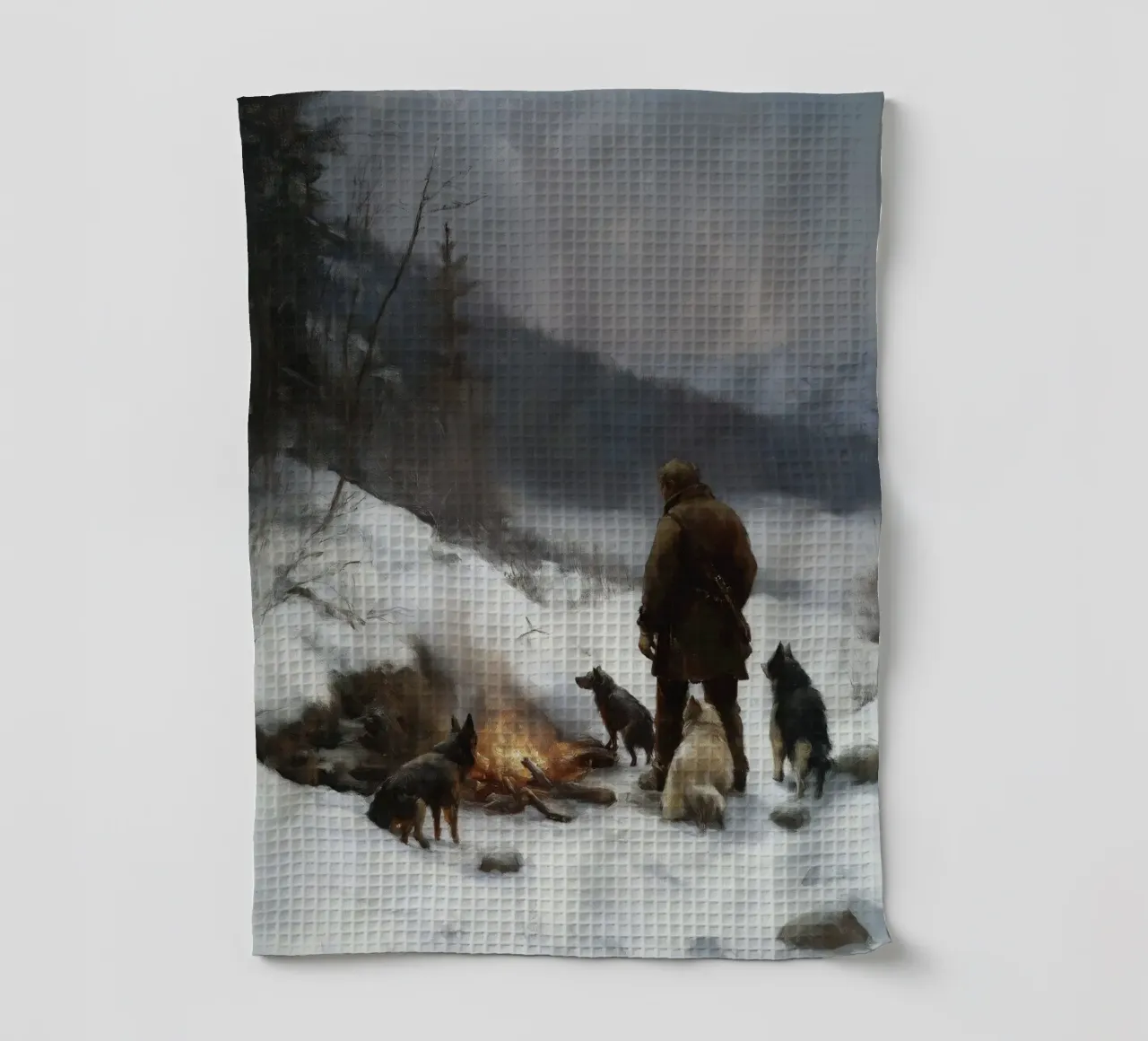 Cacciatore d'inverno al fuoco - Cacciatore con cani Stampa d'arte canovaccio da cucina da Cozy Vibes