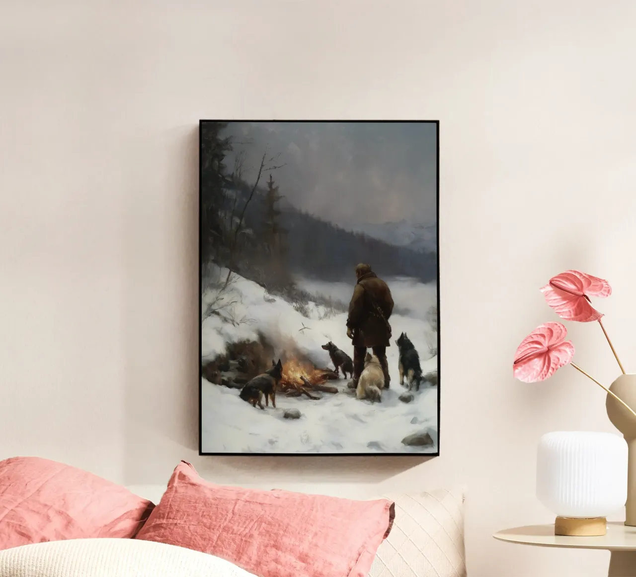 Cacciatore d'inverno al fuoco - Cacciatore con cani Stampa d'arte plexiglass da Cozy Vibes