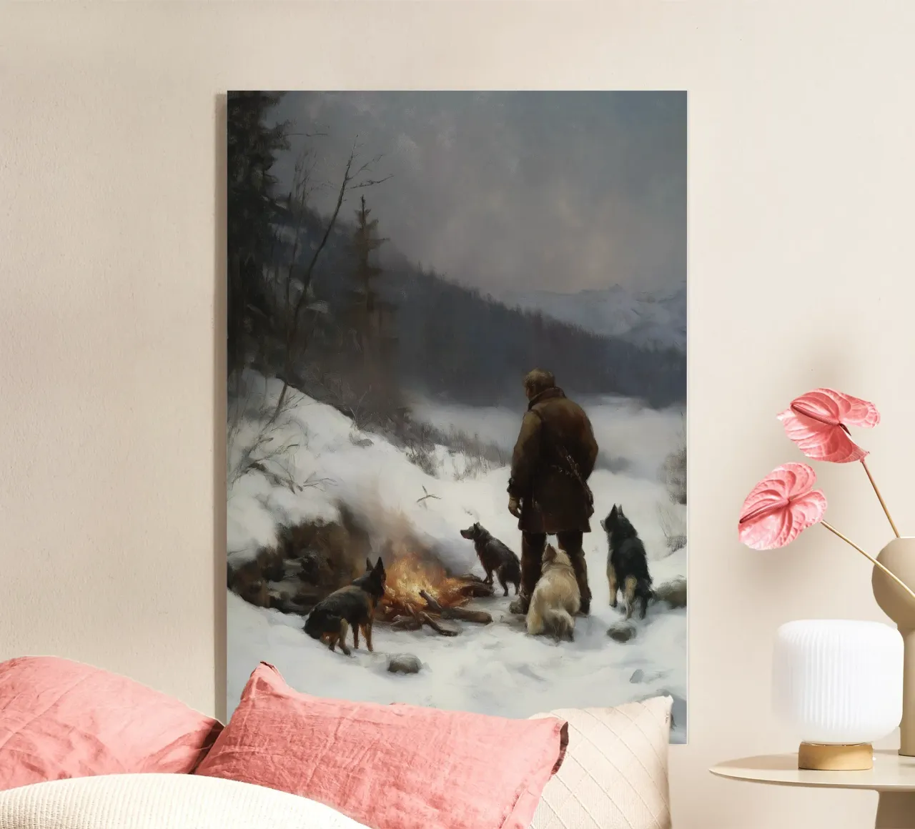Cacciatore d'inverno al fuoco - Cacciatore con cani Stampa d'arte plexiglass da Cozy Vibes