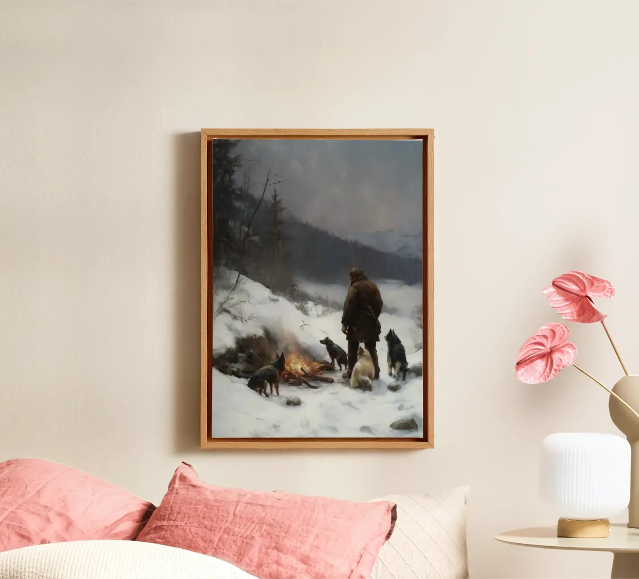 Cacciatore d'inverno al fuoco - Cacciatore con cani Stampa d'arte tela da Cozy Vibes