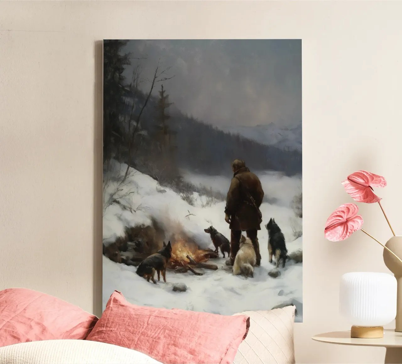 Cacciatore d'inverno al fuoco - Cacciatore con cani Stampa d'arte tela da Cozy Vibes