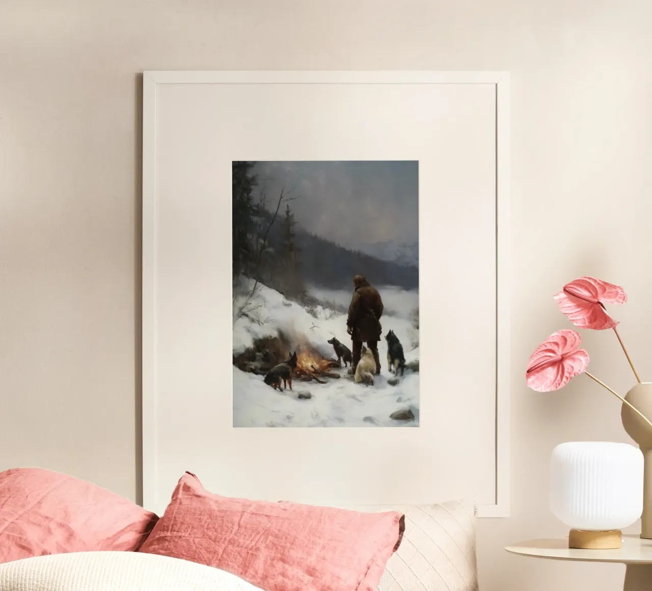 Cacciatore d'inverno al fuoco - Cacciatore con cani Stampa d'arte carta hahnemühle da Cozy Vibes