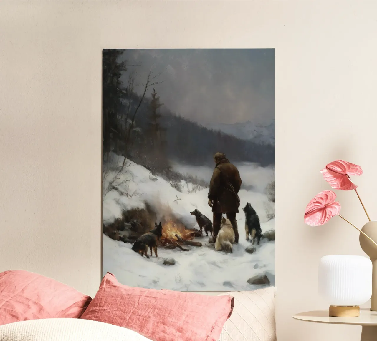 Cacciatore d'inverno al fuoco - Cacciatore con cani Stampa d'arte carta hahnemühle da Cozy Vibes