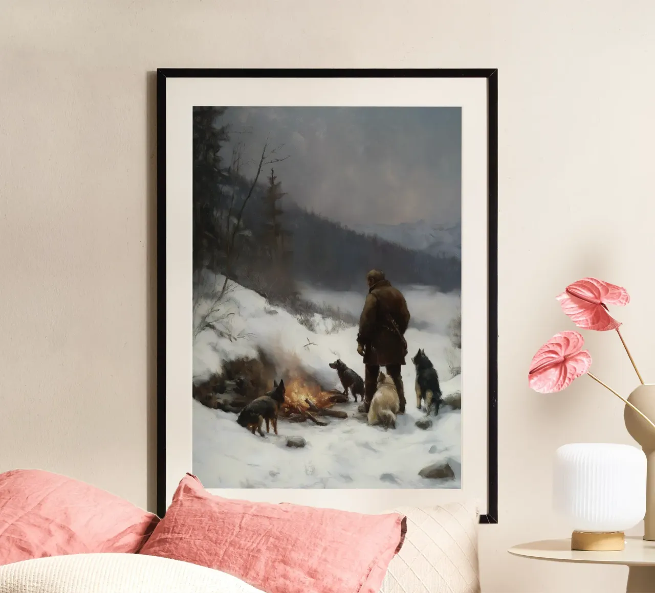 Cacciatore d'inverno al fuoco - Cacciatore con cani Stampa d'arte carta hahnemühle da Cozy Vibes