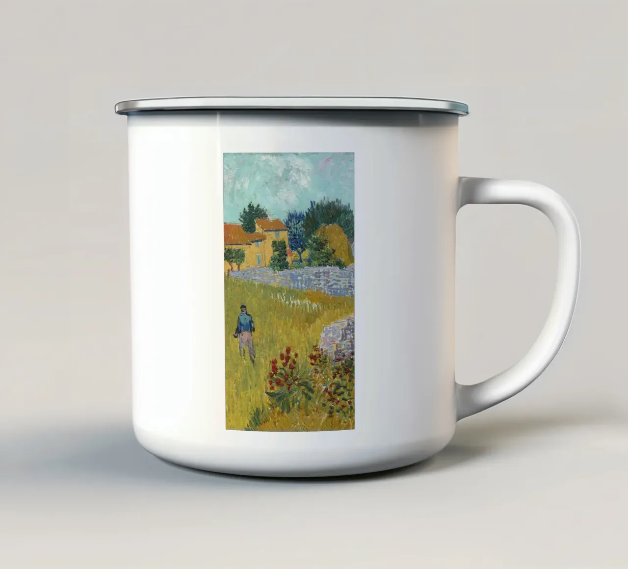 scena rurale con cascina gialla tazza in smalto da Piper Shop Oke