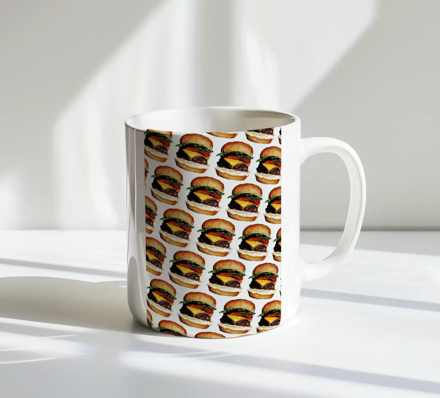 Cheeseburger Pattern ceramic mug by Kelly Gilleran