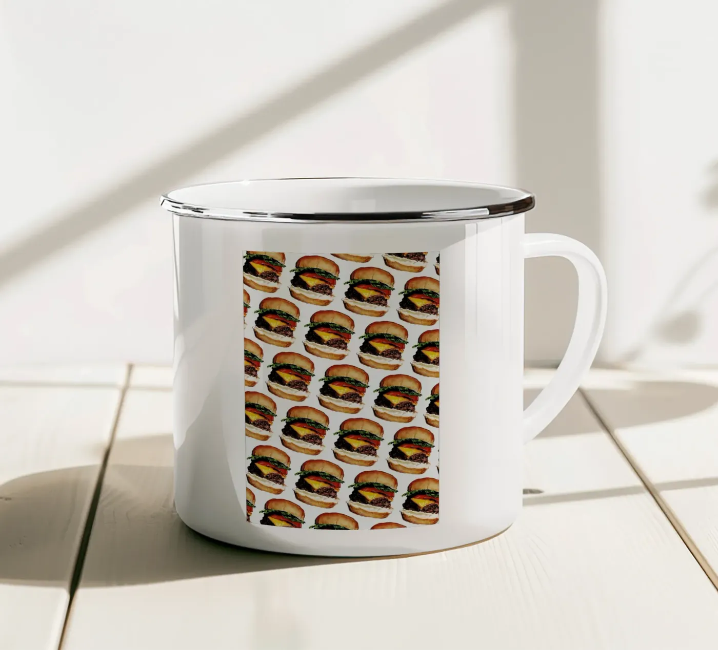 Cheeseburger Pattern enamel mug by Kelly Gilleran