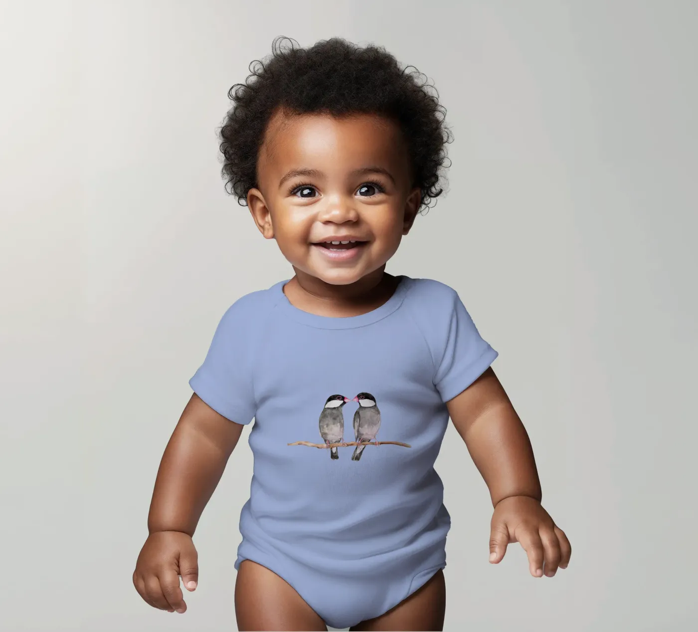Two kissing Java sparrows short-sleeve baby romper by BwiseLizzy
