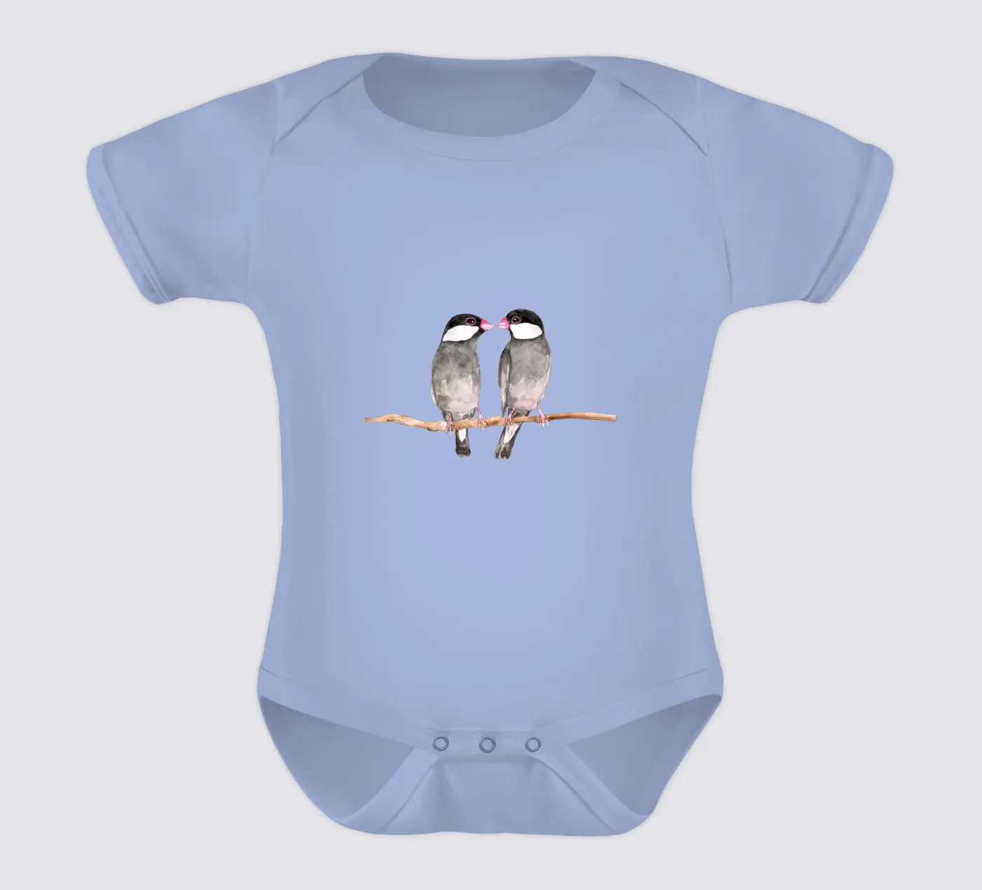 Two kissing Java sparrows short-sleeve baby romper by BwiseLizzy