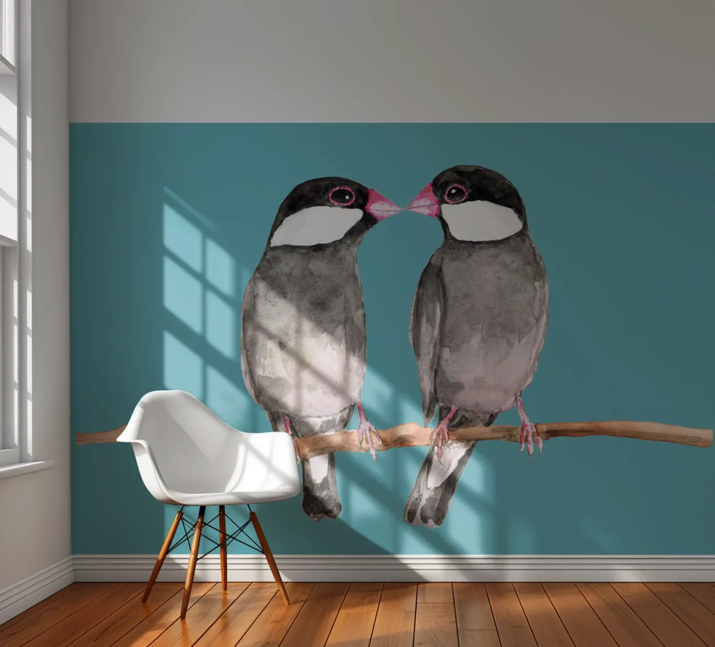 Two kissing Java sparrows fotobehang van BwiseLizzy
