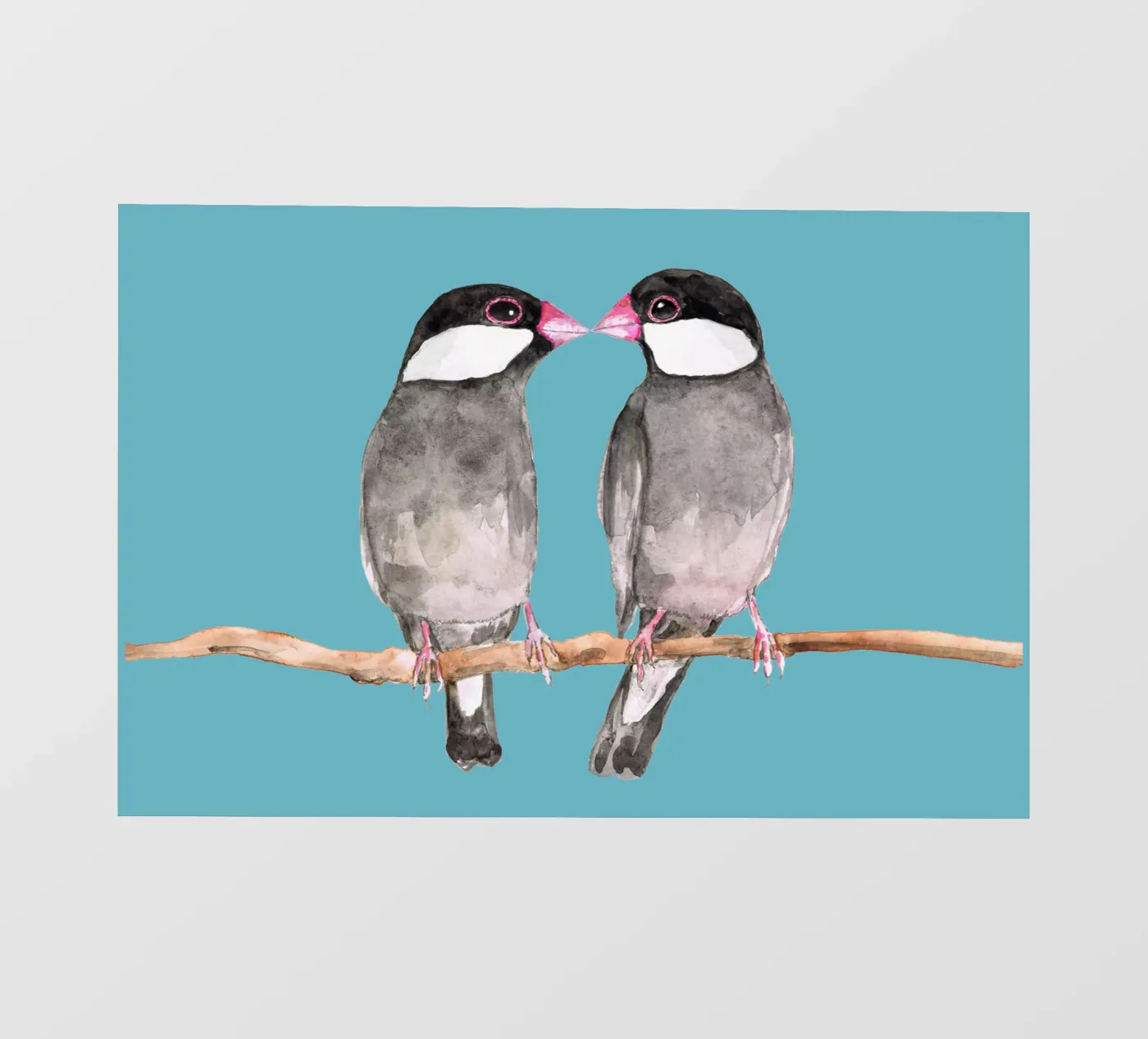 Two kissing Java sparrows fotobehang van BwiseLizzy
