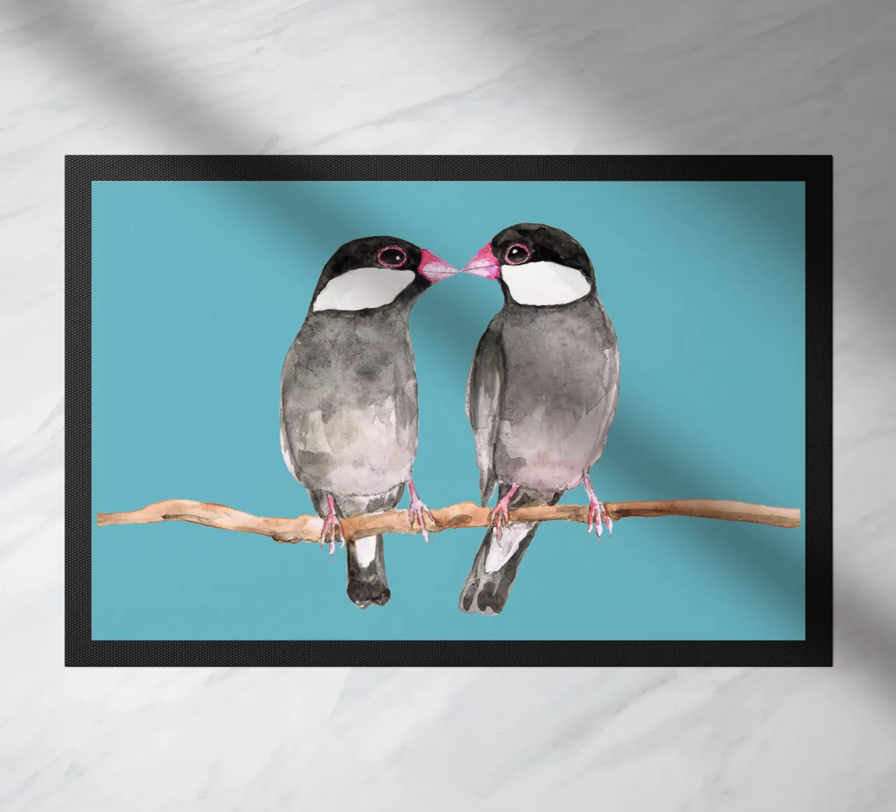 Two kissing Java sparrows doormat by BwiseLizzy
