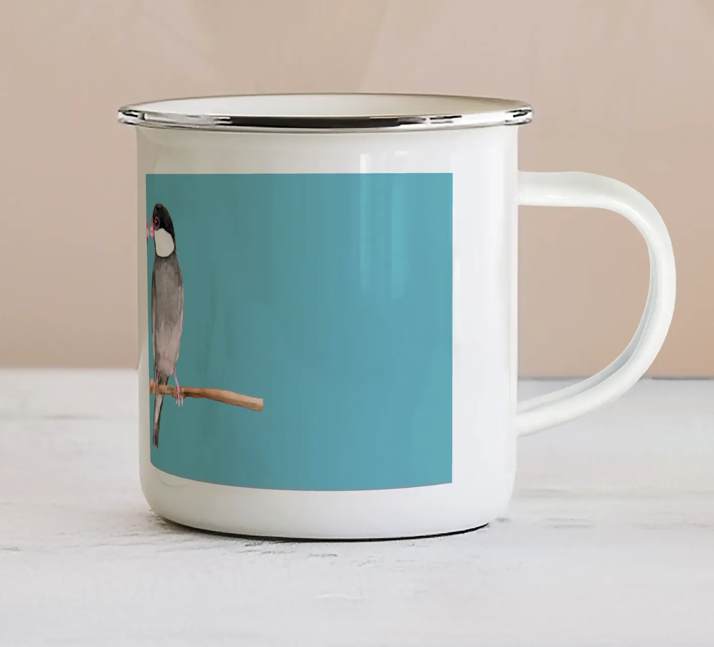 Two kissing Java sparrows enamel mug by BwiseLizzy