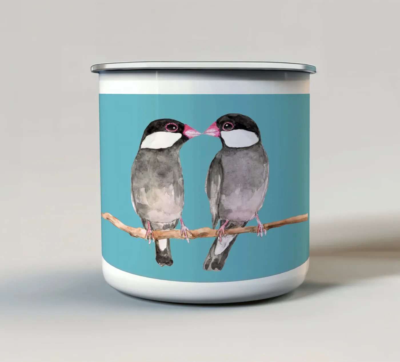 Two kissing Java sparrows enamel mug by BwiseLizzy