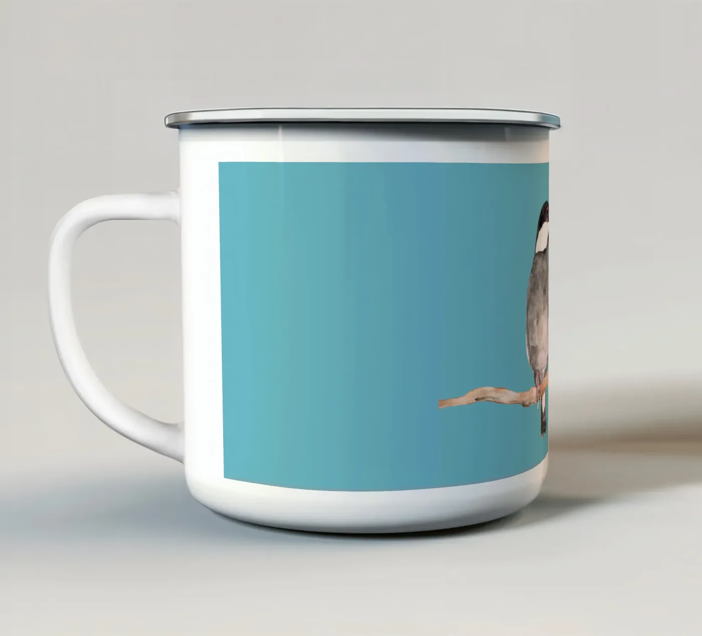 Two kissing Java sparrows enamel mug by BwiseLizzy