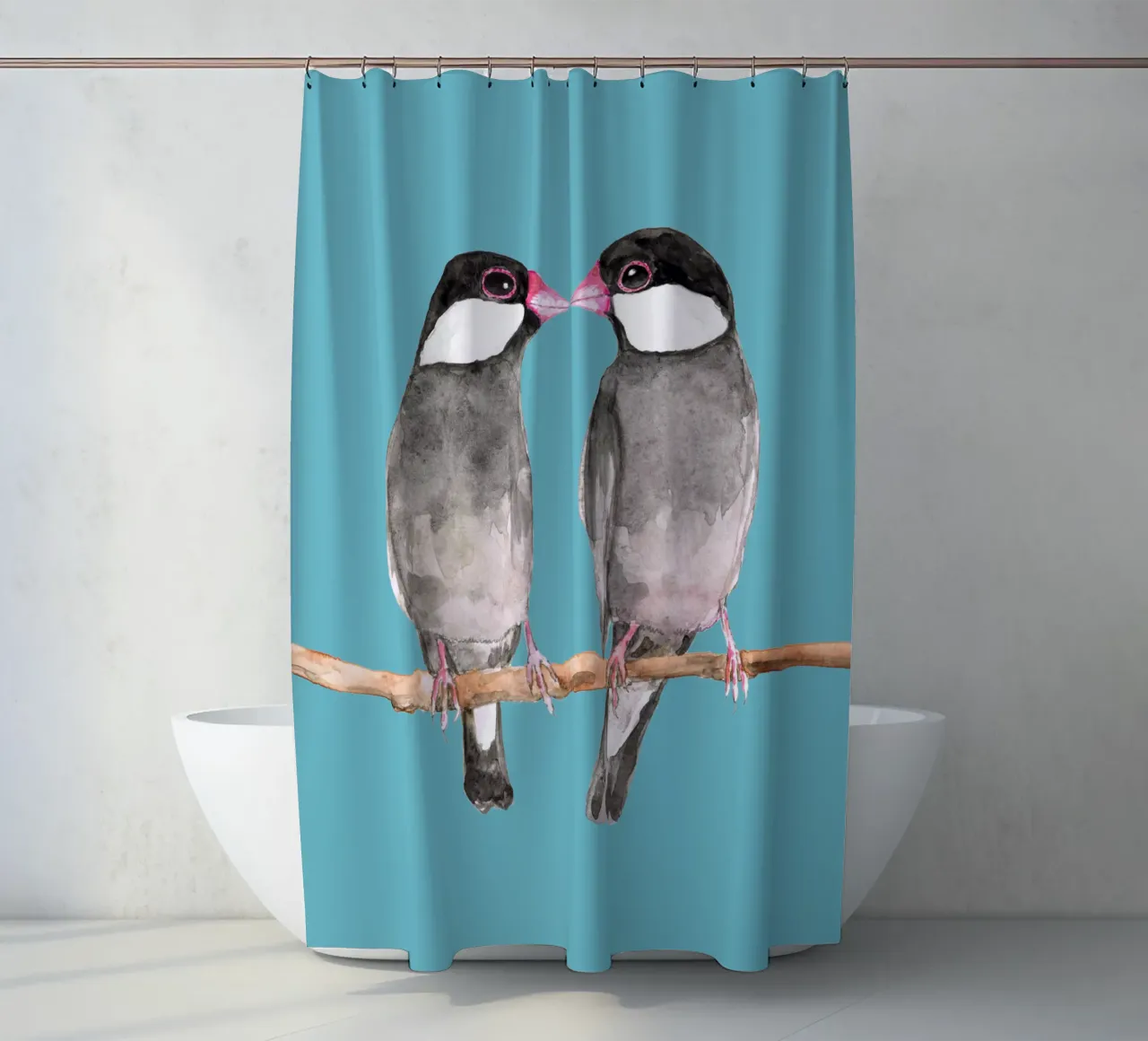 Zwei küssende Java-Spatzen Duschvorhang von BwiseLizzy