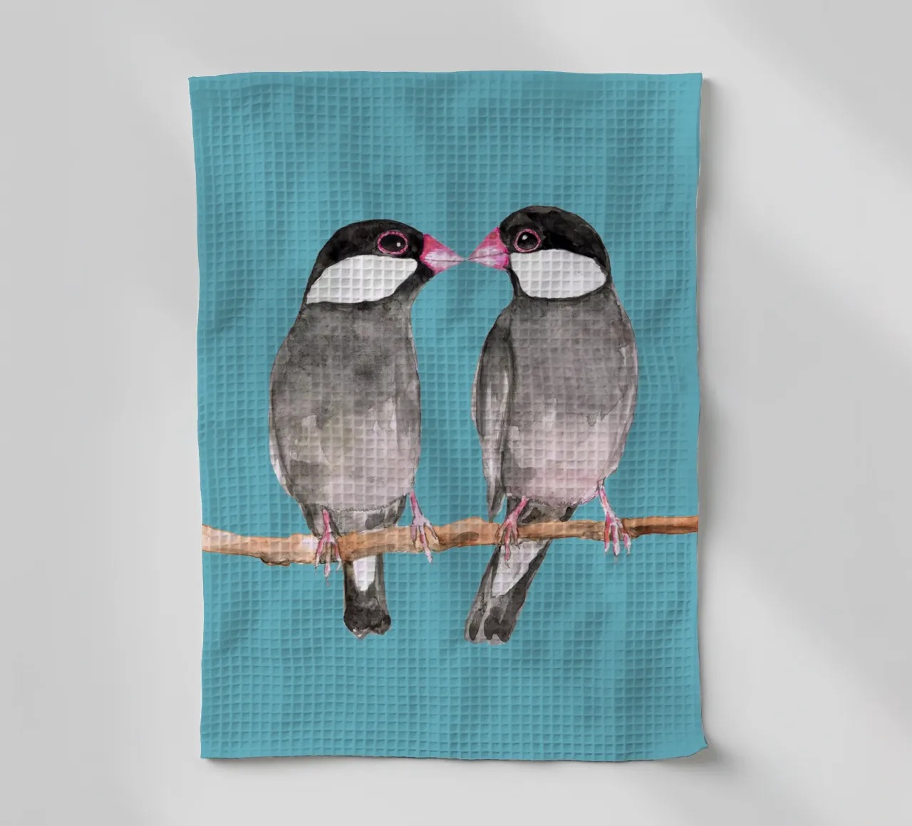 Two kissing Java sparrows tea towel by BwiseLizzy