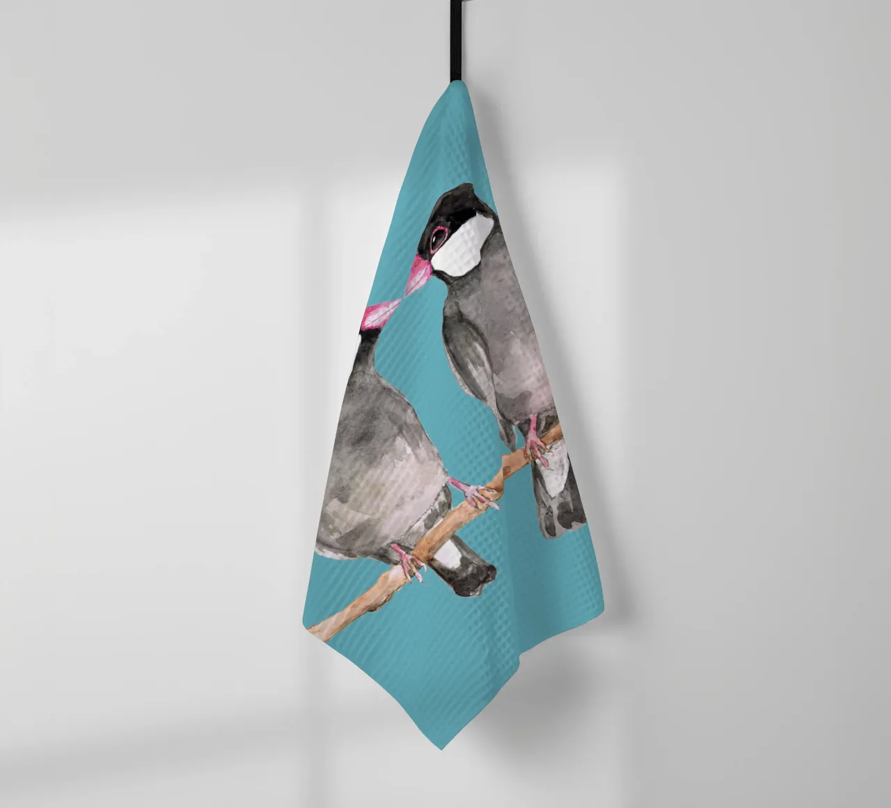 Two kissing Java sparrows tea towel by BwiseLizzy