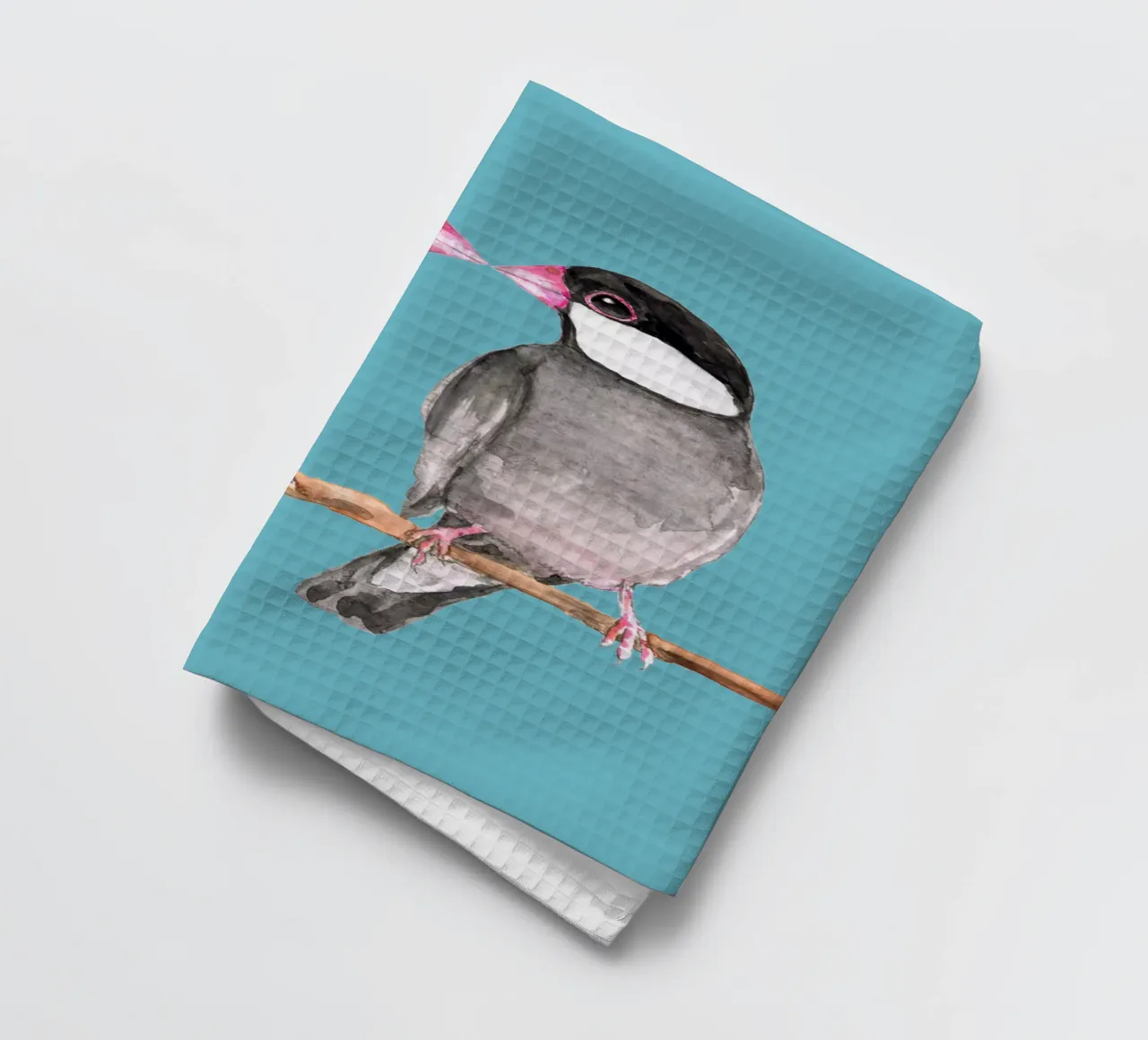 Two kissing Java sparrows tea towel by BwiseLizzy