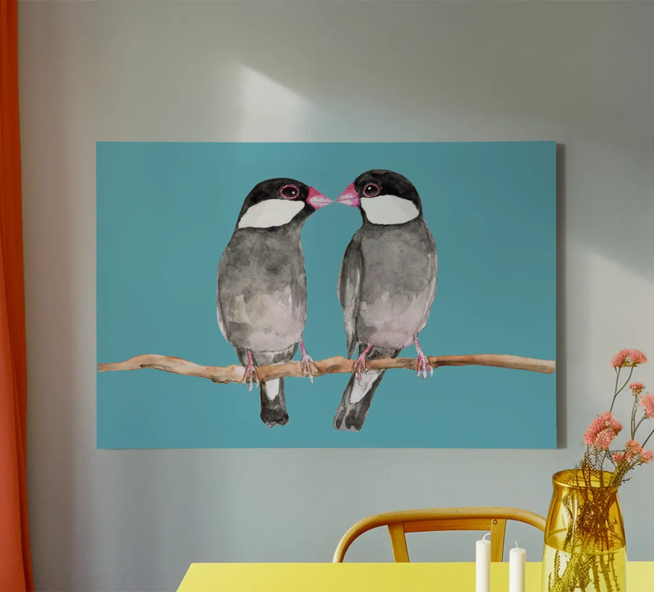 Two kissing Java sparrows canvas by BwiseLizzy