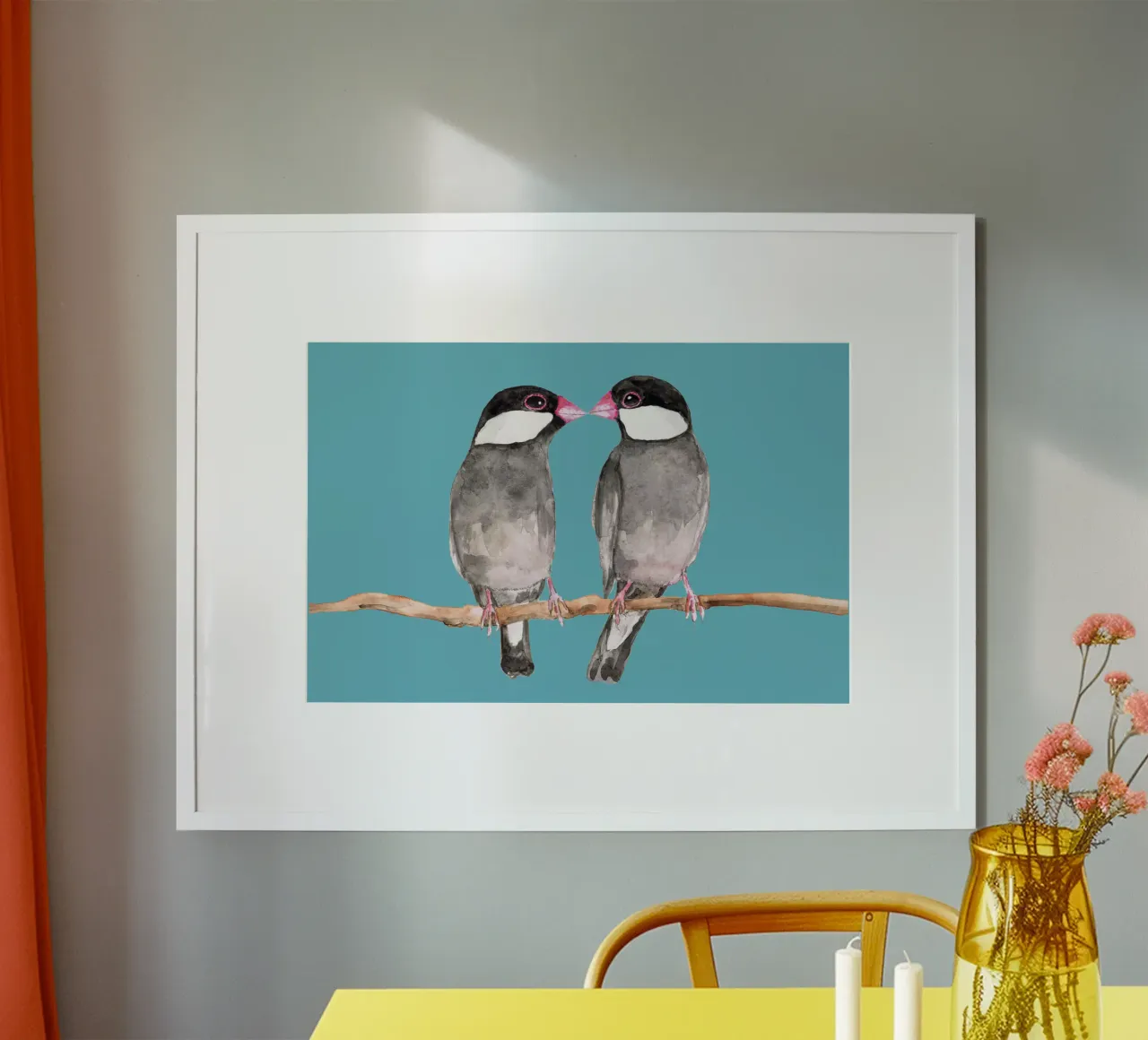 Two kissing Java sparrows poster by BwiseLizzy