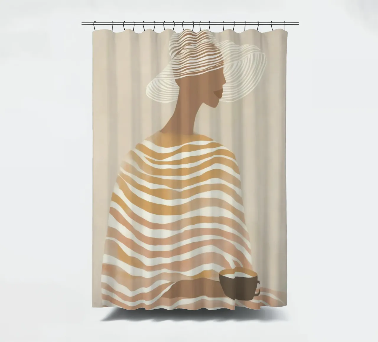 Donna a righe con latte-caffè | Beige line art tenda da doccia da Autofocus
