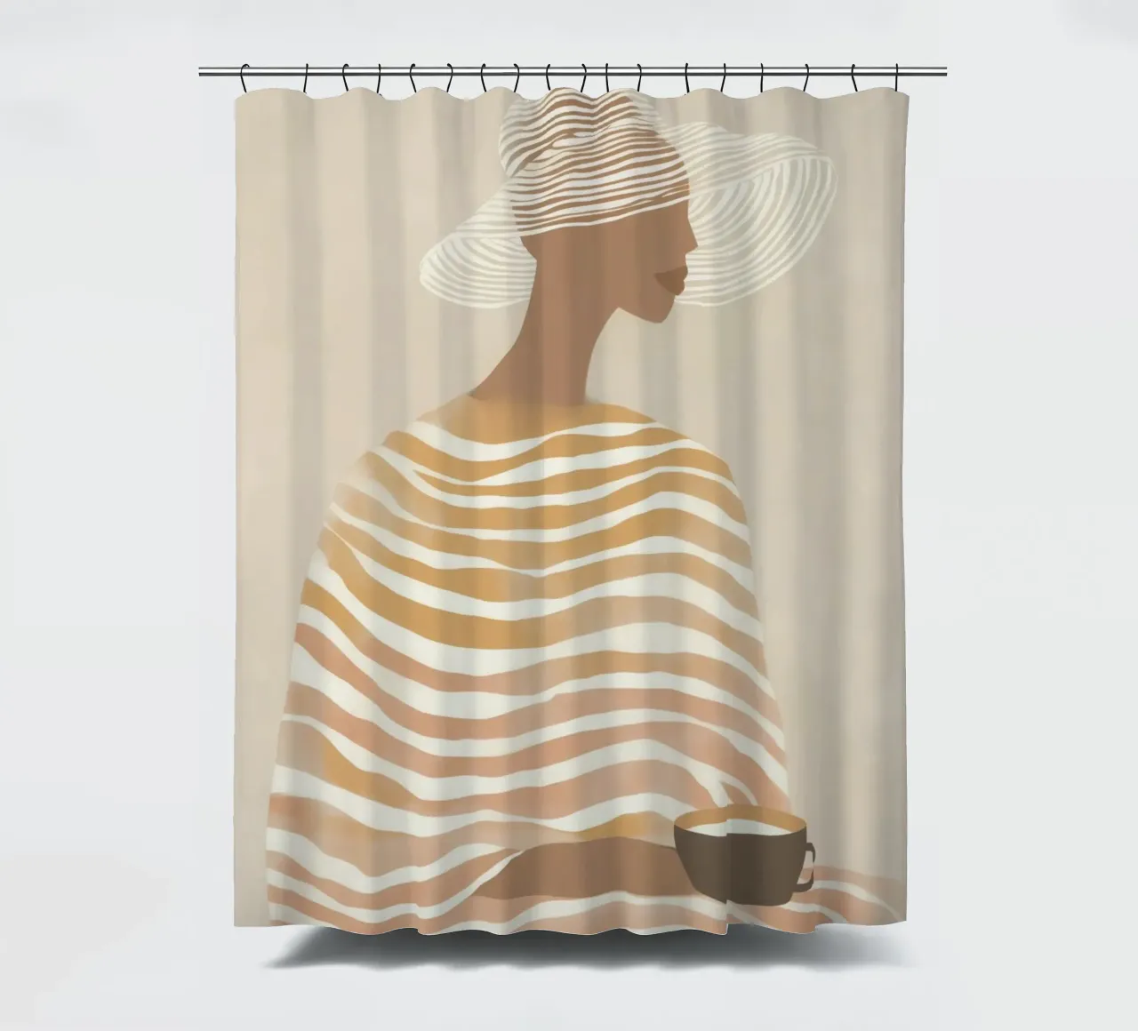 Donna a righe con latte-caffè | Beige line art tenda da doccia da Autofocus