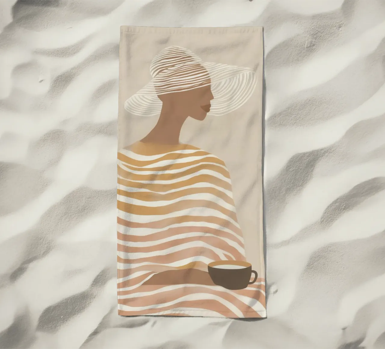 Donna a righe con latte-caffè | Beige line art telo mare da Autofocus