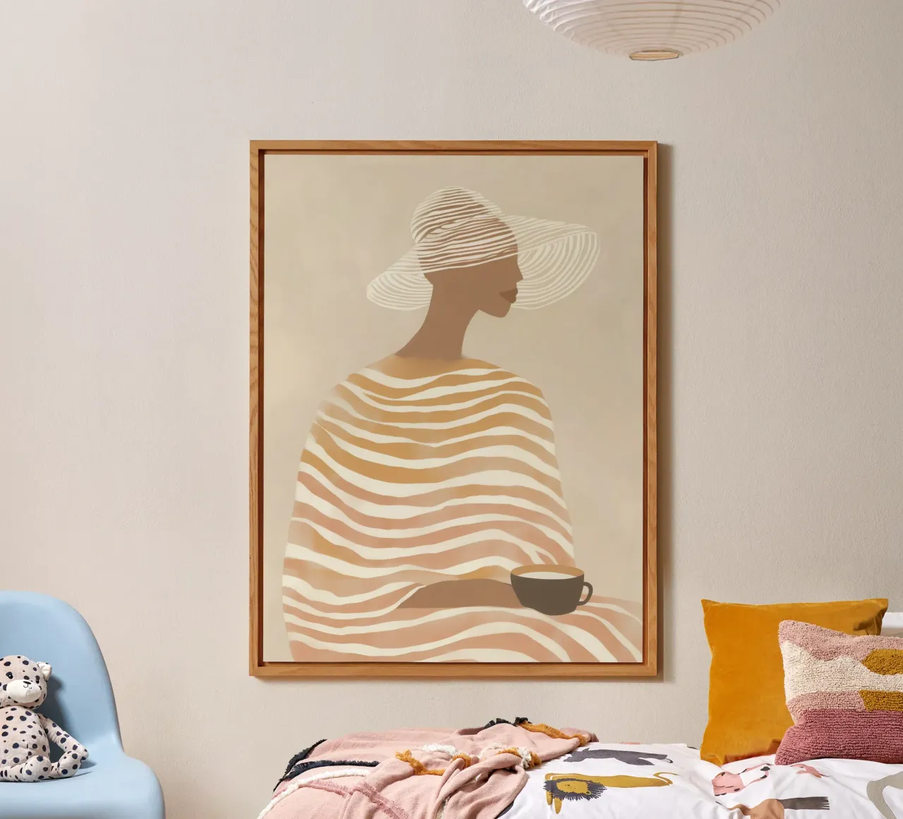Donna a righe con latte-caffè | Beige line art pannello forex da Autofocus