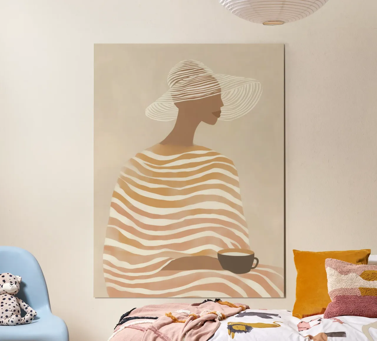 Donna a righe con latte-caffè | Beige line art poster da Autofocus