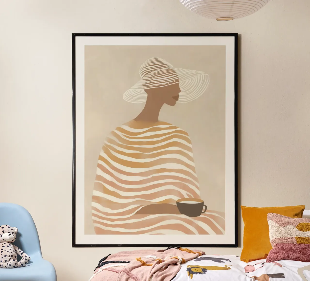 Donna a righe con latte-caffè | Beige line art poster da Autofocus