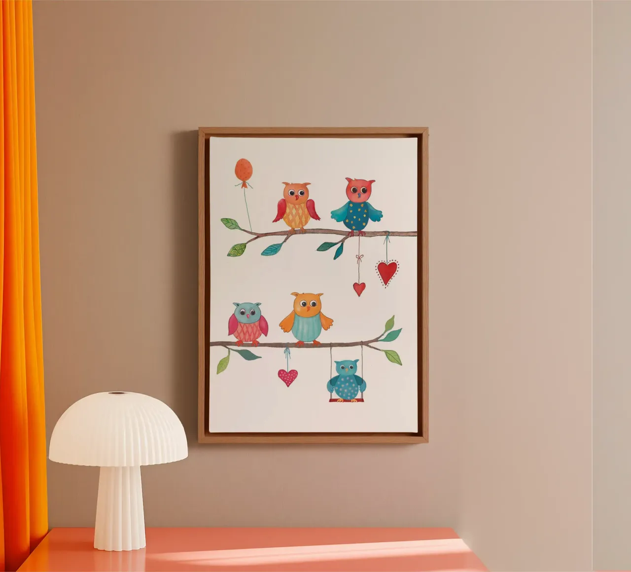 Owls on branches canvas with Floater frame by Farbwelten
