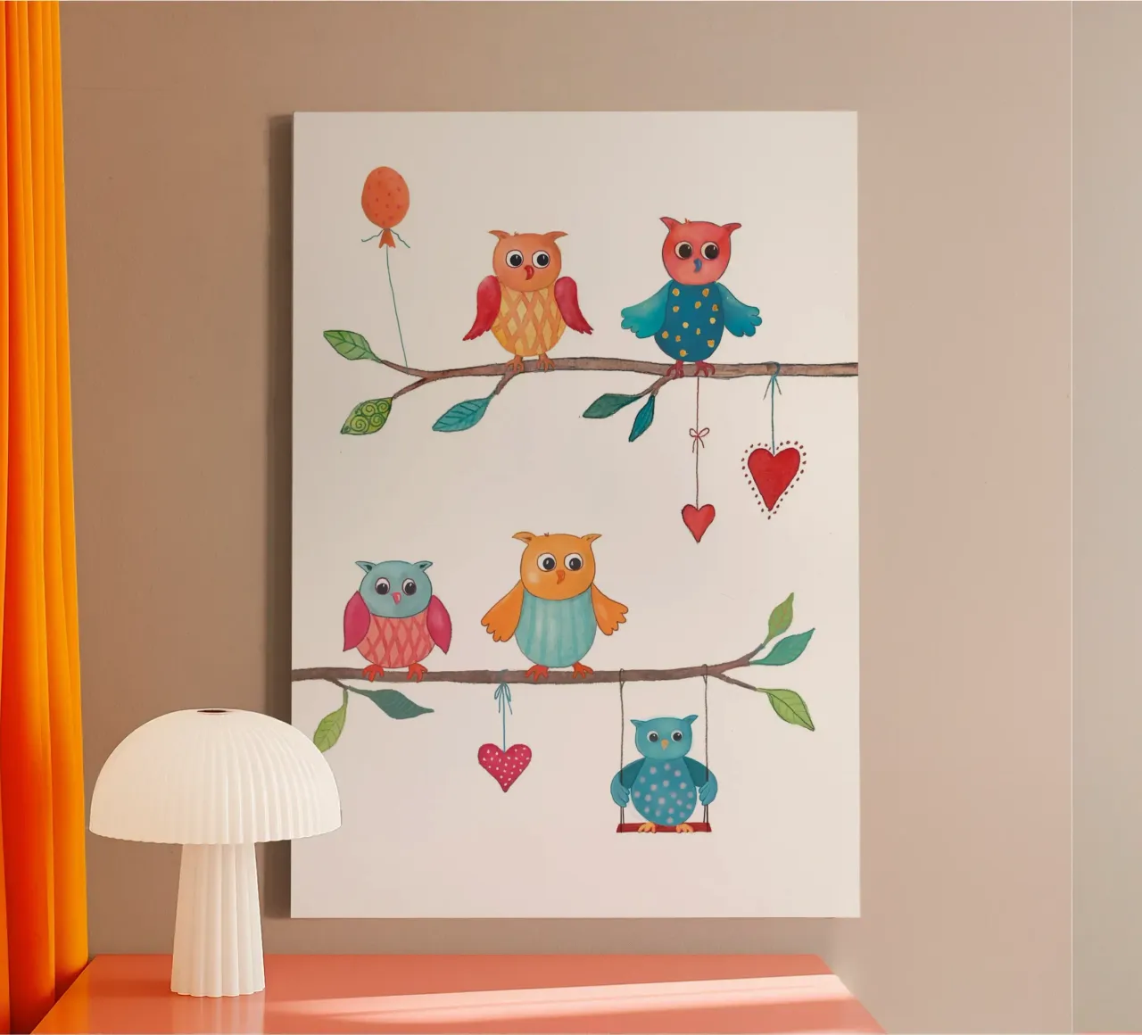Owls on branches canvas with Floater frame by Farbwelten