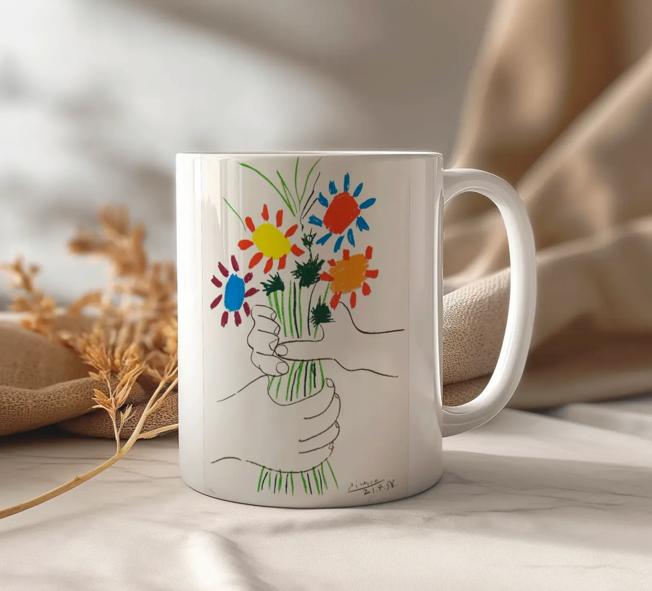 due mani che tengono un fiore di Picasso tazza in ceramica da eternal nino