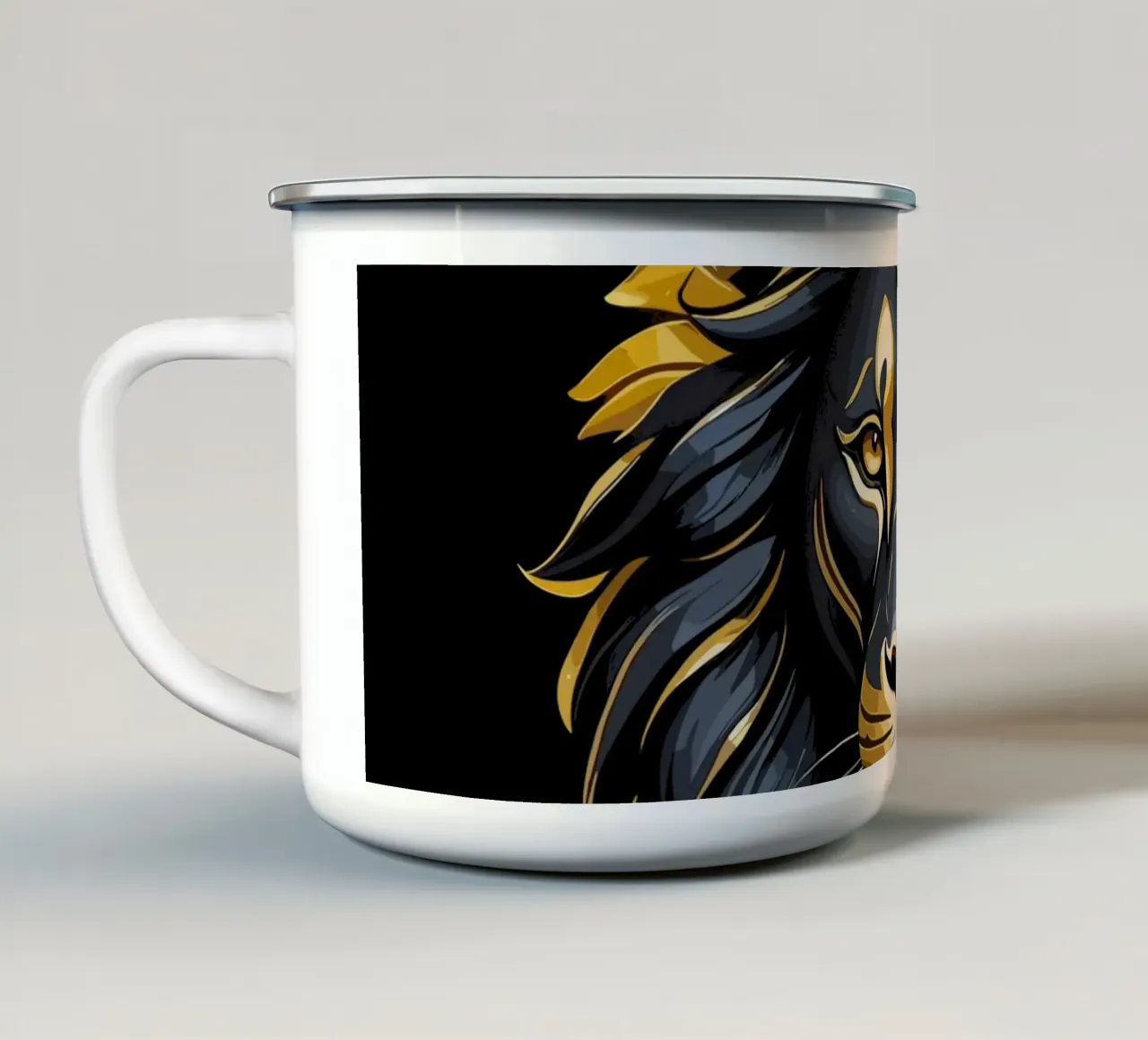 Majestueux Roi lion, style Doré et noir mug en émail de LM2Kone
