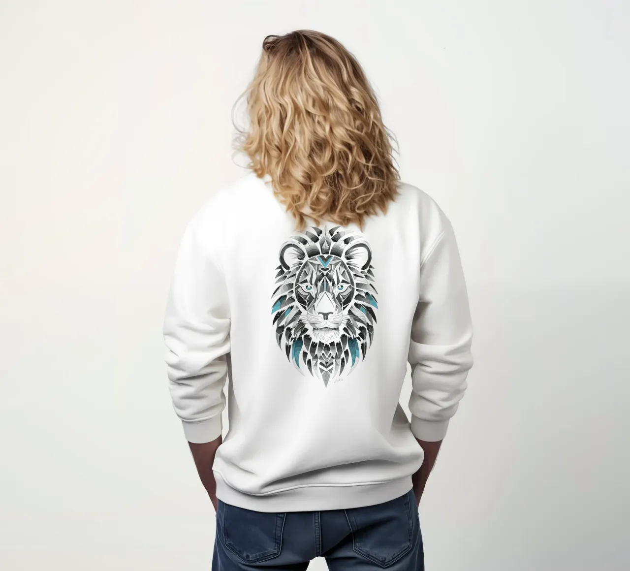 Leone geometrico in bianco e blu ciano felpa da LM2KONE