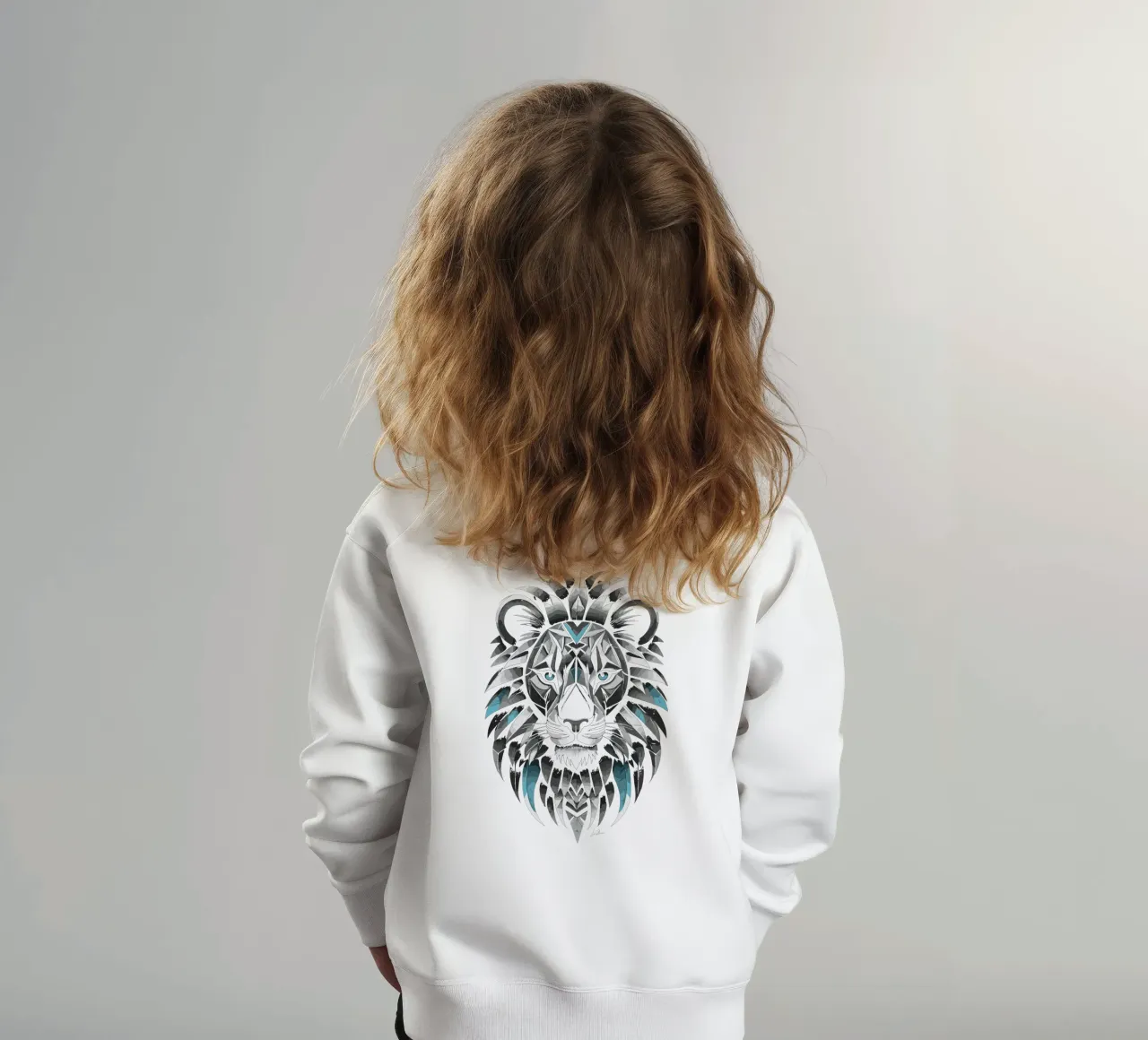 Leone geometrico in bianco e blu ciano felpa bambino da LM2KONE