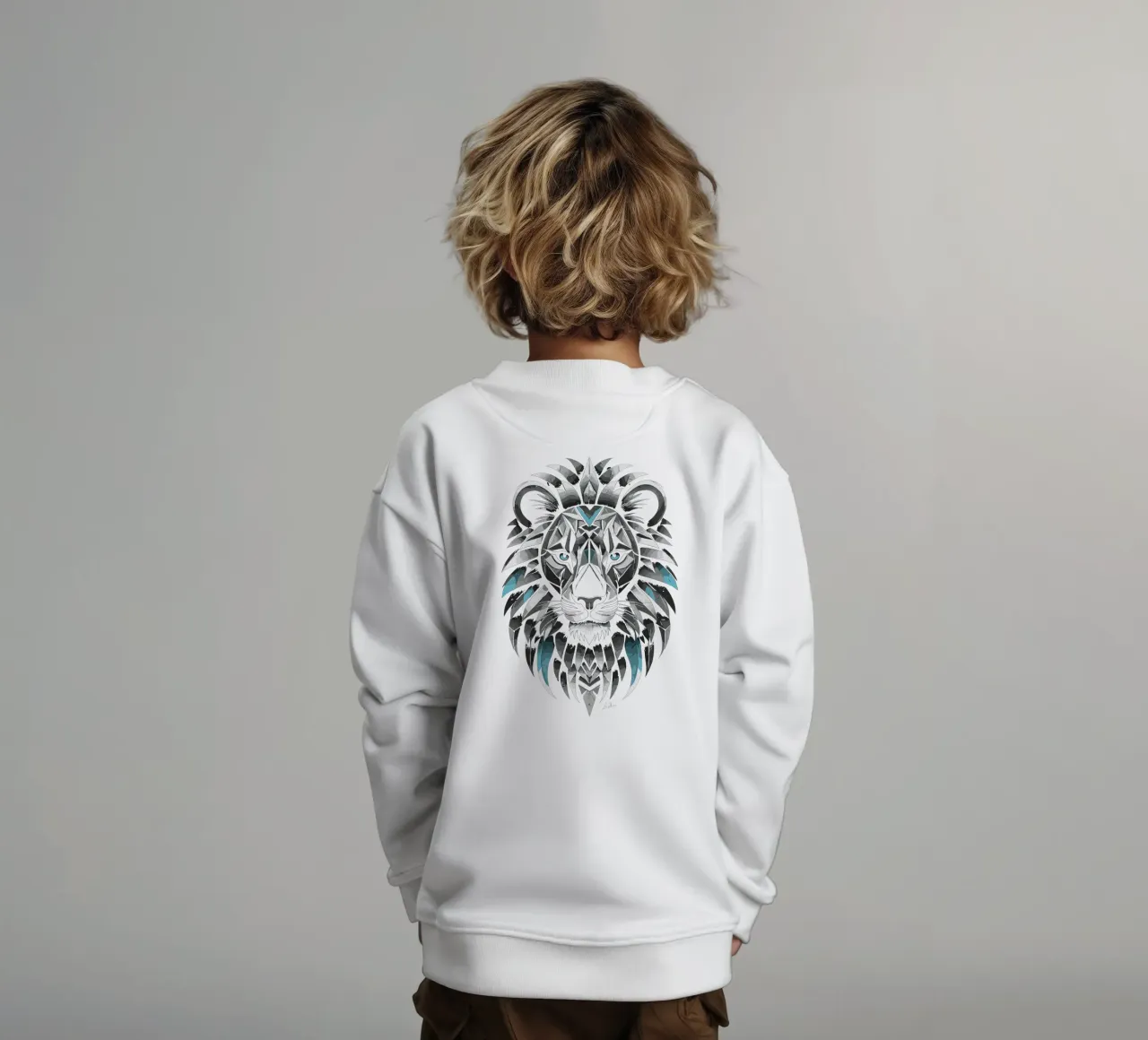 Leone geometrico in bianco e blu ciano felpa bambino da LM2KONE