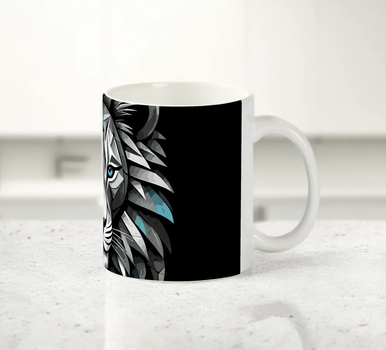 Leone geometrico in bianco e blu ciano tazza in ceramica da LM2KONE
